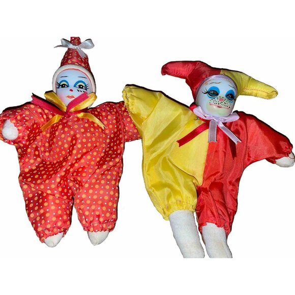 Vintage Lot Of 2 Court Jester Ornamental Hard Face with Ornate Fabric Headress - Picture 1 of 4